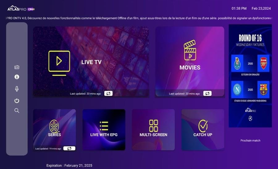 Interface Atlas Pro ONTV avec Live TV, films, series et multi-screen