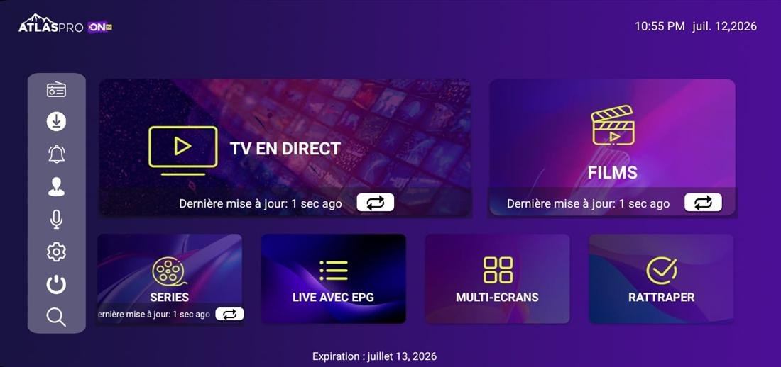 Interface Atlas Pro ONTV avec TV en direct, films, series et multi-ecrans